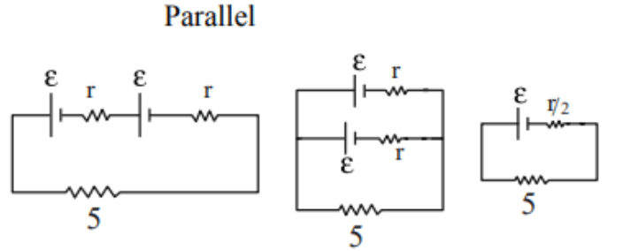Circuit diagrams comparing two identical cells in series and in parallel with internal resistances marked r, equivalent resistance r by 2, and an external resistance of 5 ohm.