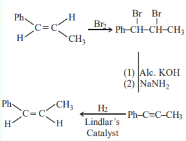 Reaction scheme showing trans phenyl propene converted through dibromide and alkyne intermediate, then hydrogenation with Lindlar catalyst to cis product.