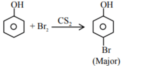 Reaction scheme showing phenol reacting with bromine in CS2 to form para-bromophenol as the major product.