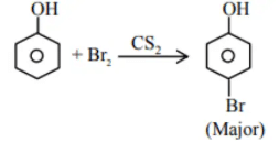 Phenol treated with bromine in CS2 giving para-bromophenol as the major product, with OH retained on the benzene ring.