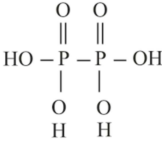 Structural formula of hypophosphoric acid showing two phosphorus atoms bonded together, each attached to one double-bonded oxygen and one OH group.