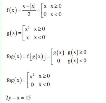 Working image showing piecewise definitions of f(x), g(x), composition f o g, and the line 2y minus x equals 15.
