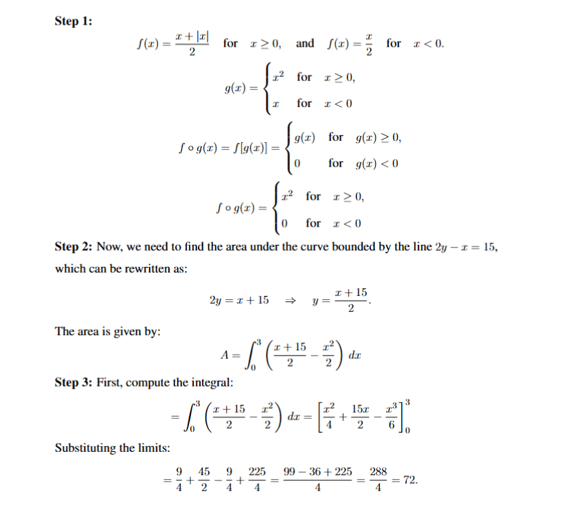 Stepwise solution image deriving f o g as x squared for x nonnegative and zero for x negative, then setting up the area integral.