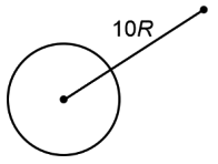 A circular earth is shown with a line from its center to an external point, and the full center-to-point distance is labeled 10R.