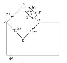Circuit with a 6 V battery across nodes A and C, diamond network containing resistors 2 ohm, 10 ohm, 2 ohm, and a capacitor branch between B and C.