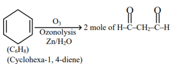 Cyclohexa-1,4-diene ring undergoing ozonolysis with ozone and zinc-water to give two molecules of methane dicarbaldehyde, with carbonyl groups shown explicitly.