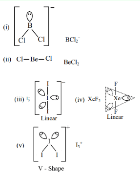Diagram showing shapes of BCl2 species, BeCl2, I3 species, XeF2, and I5 species with lone pairs and geometry labels.