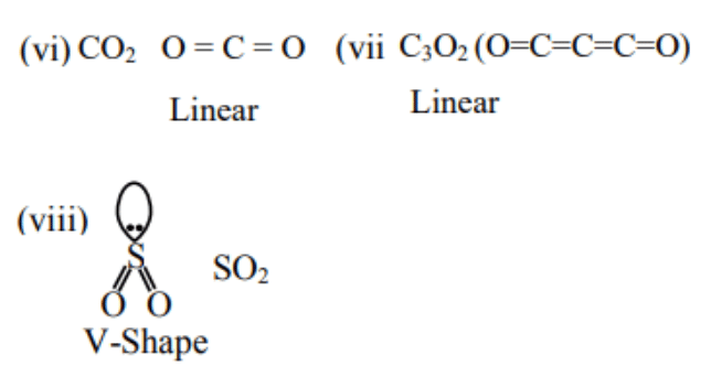 Diagram showing linear structures of CO2 and C3O2, and bent structure of SO2 with lone pair on sulfur.