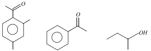 Three selected molecules from the given set marked as giving positive haloform test: an aromatic methyl ketone, another methyl ketone, and a secondary alcohol.