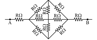 Circuit between A and B with outer resistors and a symmetric diamond bridge containing multiple resistors of value R, including horizontal and vertical middle branches.