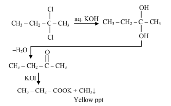 Reaction scheme showing a gem-dichloro compound converted by aqueous KOH to a gem-diol, then to a ketone, which on treatment with KOI gives carboxylate and CHI3 yellow precipitate.