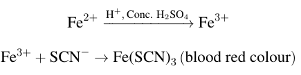 Reaction scheme showing conversion of ferrous ion to ferric ion in acidic medium and ferric ion reacting with thiocyanate to give blood red ferric thiocyanate.