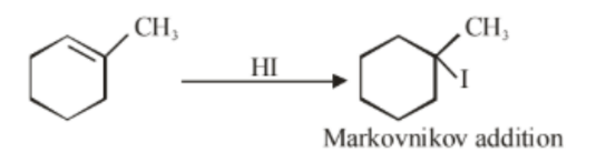 Reaction diagram showing a methyl-substituted cyclohexene reacting with HI to form an iodine-substituted methylcyclohexane product, labeled as Markovnikov addition.