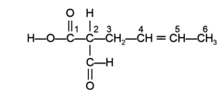 Structure of 2-formylhex-4-enoic acid showing carboxylic acid group, formyl substituent at carbon 2, double bond between carbons 4 and 5, and carbon numbering 1 to 6.