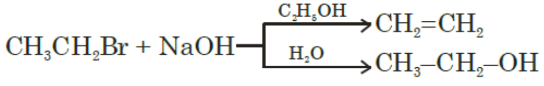 Reaction scheme showing CH3CH2Br reacting with NaOH to give CH2=CH2 in presence of C2H5OH and CH3CH2OH in presence of H2O.