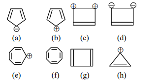 Eight cyclic compounds labeled (a) to (h), including charged rings and unsaturated rings, for classifying as aromatic or not aromatic.