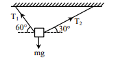 A 1 kg mass hangs from two strings attached to a horizontal ceiling, making 60 degree left and 30 degree right angles, with tensions T1 and T2 and weight mg downward.