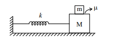 A horizontal spring fixed to a wall is attached to block M on a frictionless table, with smaller block m placed on top of M and coefficient of friction mu marked between the blocks.