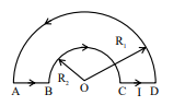 Current-carrying loop with two semicircular arcs centered at O, points A, B, O, C, D on diameter line, current direction shown along arcs, radii R1 and R2 marked from O to the arcs.