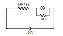 A 20 volt source is connected in series with a 150.4 ohm resistor and a parallel branch containing an ammeter of 240 ohm resistance and a 10 ohm shunt resistor.