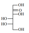 Fischer-type projection of a six-carbon ketose-like structure with top OH, carbonyl near the top, one hydroxyl on the right and lower chiral-center hydroxyl on the left.