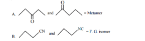 Annotated solution image marking statement A as metamer and statement B as functional group isomer with corresponding organic structures.