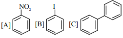 Option showing [A] as nitrobenzene, [B] as iodobenzene, and [C] as biphenyl with two benzene rings joined directly.
