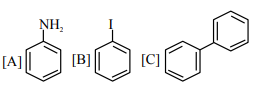 Option showing [A] as aniline, [B] as iodobenzene, and [C] as biphenyl with two benzene rings joined directly.