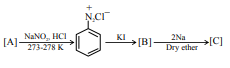 Reaction sequence showing diazotization of aromatic amine to benzene diazonium chloride, then reaction with KI, followed by 2Na in dry ether to form final product [C].