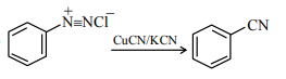 Benzenediazonium chloride reacts with copper cyanide or potassium cyanide to form benzonitrile, a Sandmeyer-type cyanation reaction.