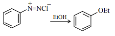 Benzenediazonium chloride reacts with ethanol, shown giving ethoxybenzene as product, which is the incorrect transformation in this question.