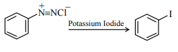 Benzenediazonium chloride reacts with potassium iodide to form iodobenzene, representing substitution of diazonium group by iodine.
