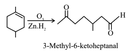 Reaction scheme showing a dimethyl-substituted cyclohexene undergoing ozonolysis with ozone and zinc-water to form 3-methyl-6-ketoheptanal.