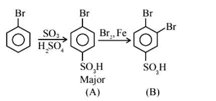 Worked solution image showing bromobenzene first forming para-bromobenzenesulfonic acid as A, then further bromination giving dibromobenzenesulfonic acid as product B.