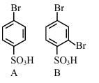 Option D shows A as para-bromobenzenesulfonic acid and B with bromination at a different ring position than the major product shown in the solution.