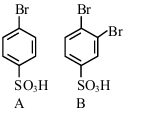 Option B shows A as para-bromobenzenesulfonic acid and B as 1,2-dibromo-4-benzenesulfonic acid with substituents para sulfonic acid and ortho bromination.