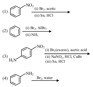Four reaction sequences labeled 1 to 4 showing nitrobenzene, bromobenzene, p-nitroaniline, and aniline undergoing bromination and related reagents.