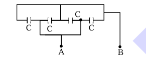 Circuit diagram showing four identical capacitors in a wire network between terminals A and B, with one capacitor on the left vertical branch, two on the lower horizontal branch, and one on the right vertical branch.