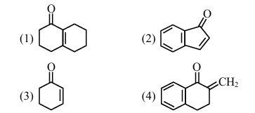 Four carbonyl compounds labeled 1 to 4 are shown: fused bicyclic enone, indanone-type enone, cyclohex-2-en-1-one, and a benzofused ketone with exocyclic methylene.