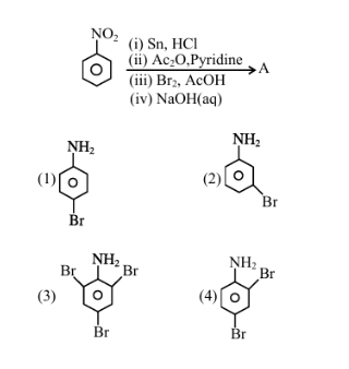 Reaction scheme starting from nitrobenzene treated with Sn, HCl; then Ac2O, pyridine; then Br2, AcOH; then NaOH(aq) to form product A.