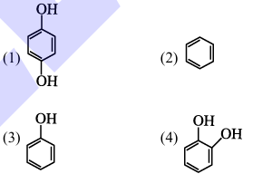 Four structural options are shown: option 1 is dihydroxybenzene, option 2 is benzene, option 3 is phenol, and option 4 is another dihydroxybenzene isomer.