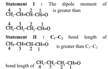 Image showing Statement I and Statement II comparing crotonaldehyde and butyraldehyde dipole moment and C1-C2 bond length with carbon numbering 4, 3, 2, 1 marked on both structures.