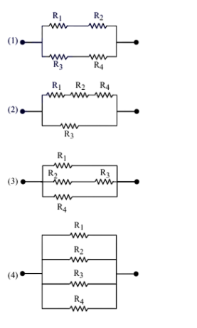 Four resistor network options labeled 1 to 4, showing different series and parallel combinations of R1, R2, R3, and R4 between two terminals.