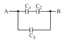 Circuit diagram with points A and B connected by two branches: top branch has capacitors C1 and C2 in series, bottom branch has capacitor C3 alone between the same two junctions.