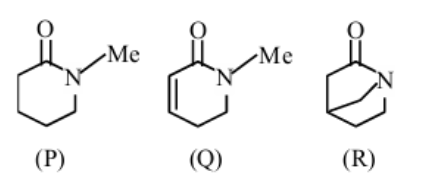 Three cyclic nitrogen-containing molecules labeled P, Q, and R, each with a carbonyl group at the top; P and Q are N-methyl lactams, while R is a bridged bicyclic lactam.