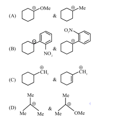 Four ion pairs labeled A, B, C and D are shown with cyclic and tertiary carbocation structures containing OMe, Me, NO2, and exocyclic CH2 groups for stability comparison.