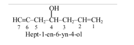 Structural formula of a seven-carbon chain with one double bond, one triple bond, and an OH group at the middle carbon, with numbering shown beneath the chain.