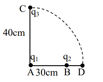 Charge q1 at point A and charge q2 at point B on a horizontal line with AB equal to 30 cm, charge q3 at point C vertically above A by 40 cm, and q3 moves along a dashed quarter-circle arc from C to point D on the horizontal line to the right.