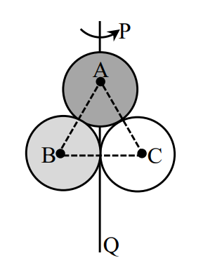 Three equal circular bodies arranged in triangular contact: top disc A, lower left solid sphere B, lower right spherical shell C, with a vertical axis PQ passing through the top body and the midpoint between the two lower bodies.