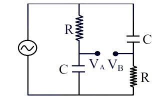 AC source connected across two vertical RC branches; left branch has resistor on top and capacitor below with node A between them, right branch has capacitor on top and resistor below with node B between them.